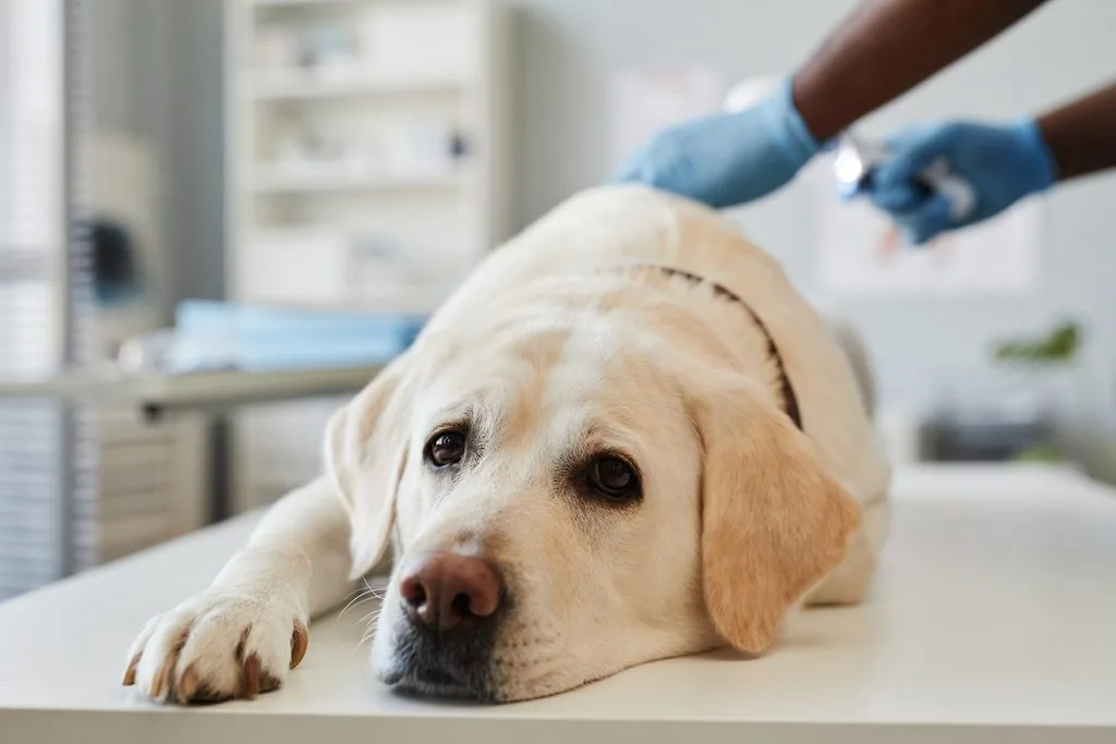 Sick young labrador lying on white medical table in clinics and looking at camera while veterinarian in gloves examining him