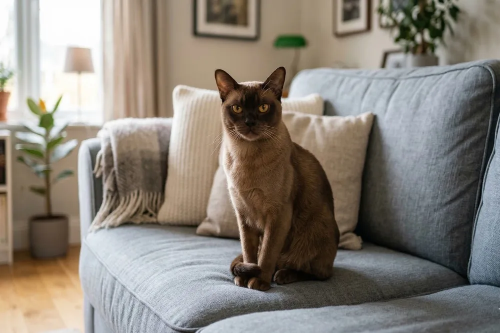 一只缅甸猫坐在沙发上