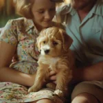 new puppy and pet owners sitting on the couch