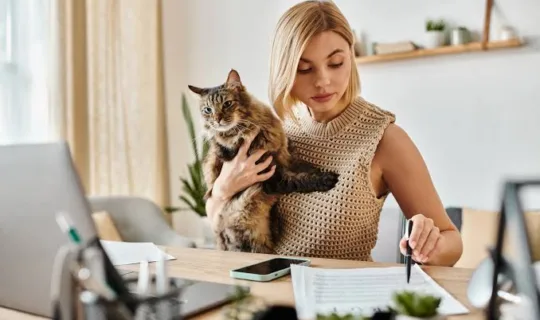 woman working while holding her cat