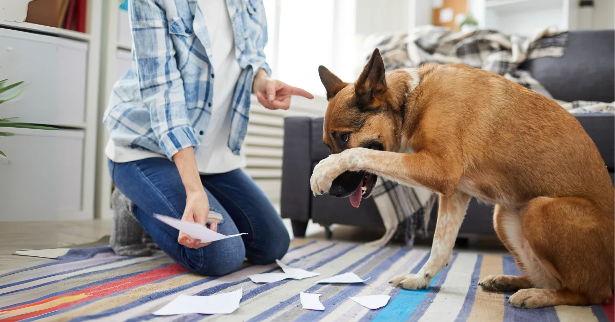 female pet owner scolding dog for bad dog behaviour