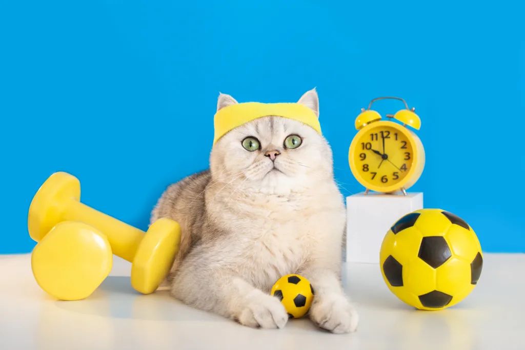 funny cat in sports attire with toys