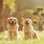 Two beautiful Golden Retriever dogs have a walk outdoors in the park together