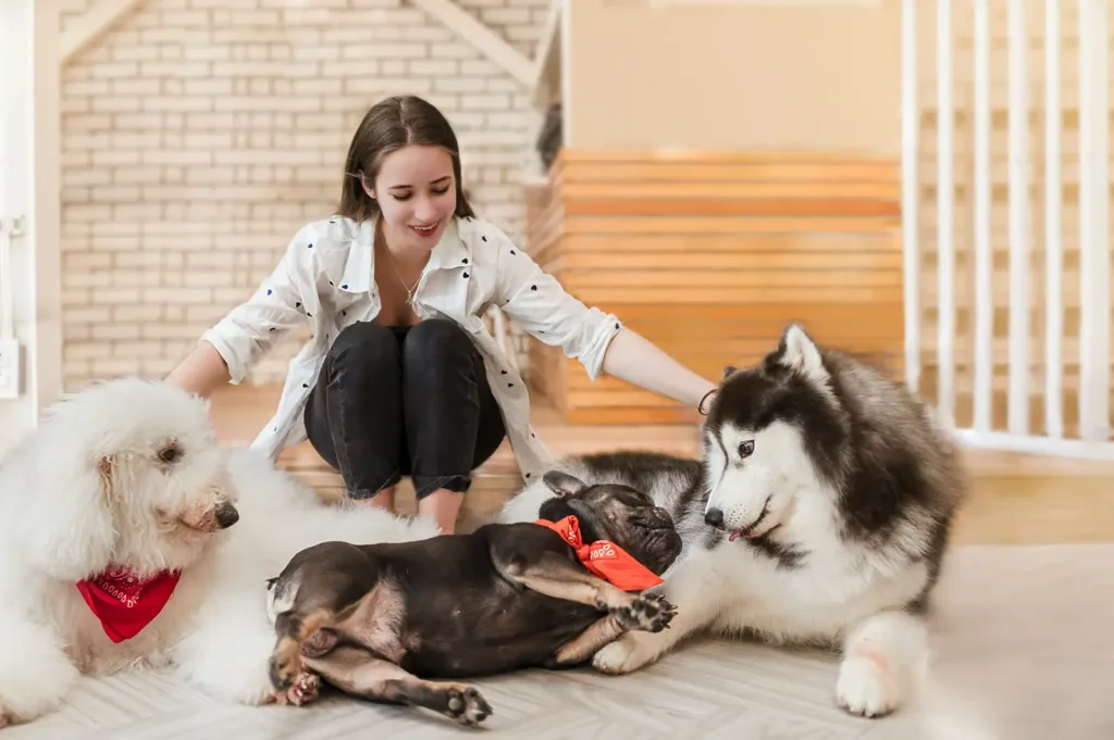 An australian pet sitter taking care of three dogs