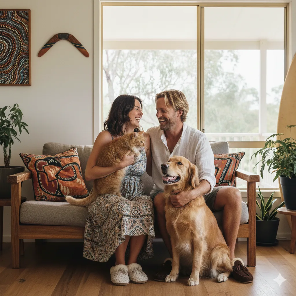 澳大利亚夫妇抱着猫和狗开怀大笑