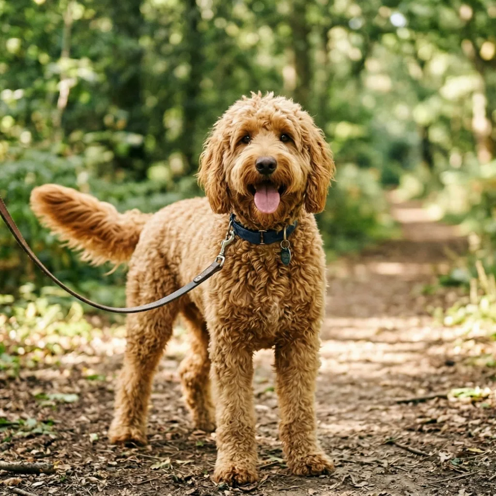 金毛杜宾犬在树林里散步