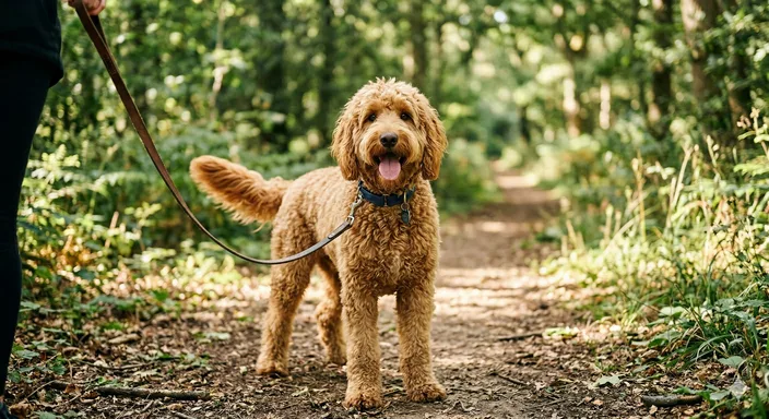 金毛杜宾犬在树林里散步