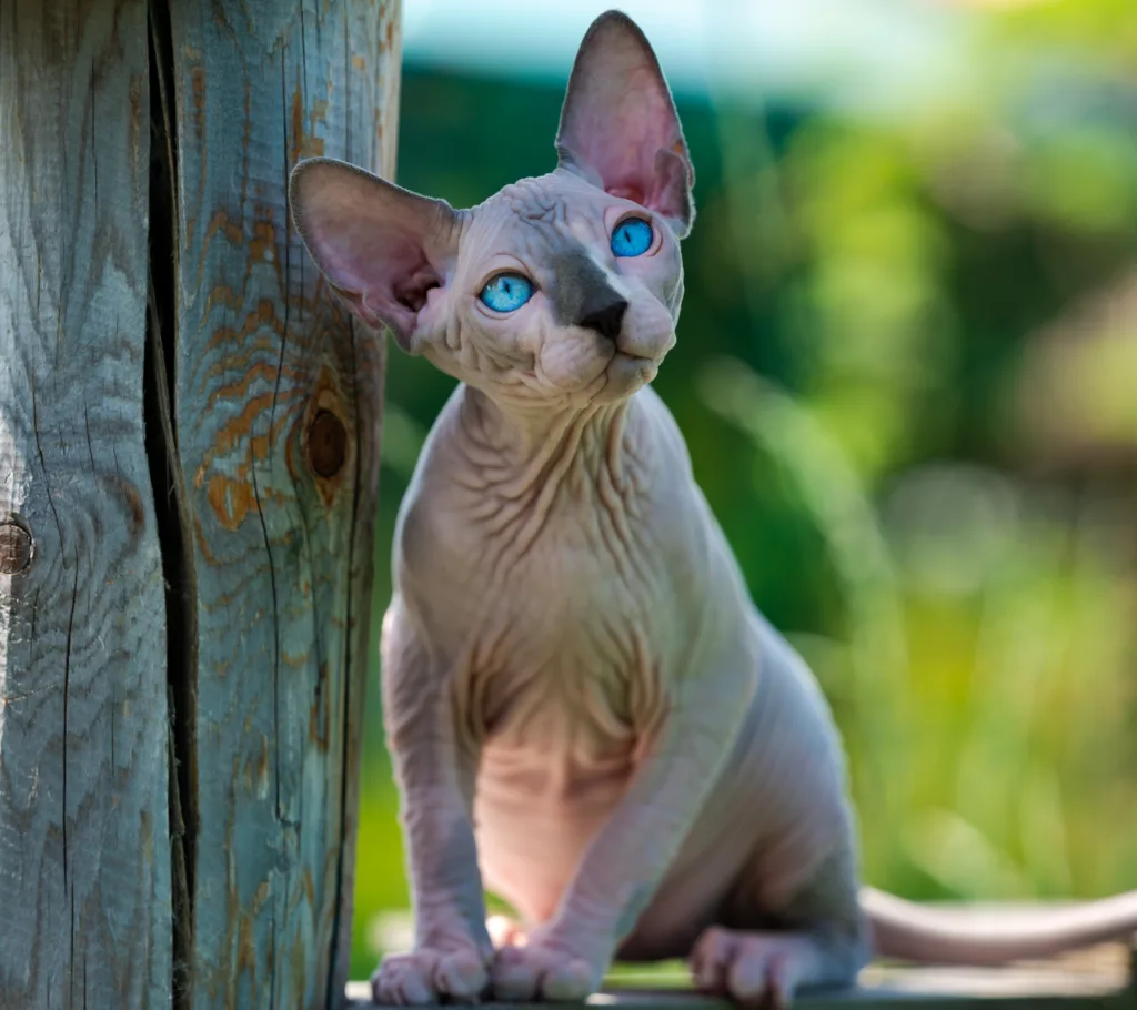 Sphynx cat sitting on a fence