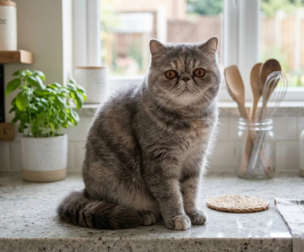 一只灰色的异国短毛猫正坐在厨房台面上