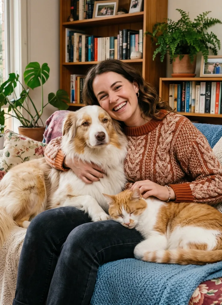 一位澳大利亚棕发女子正与她的狗和猫依偎在一起