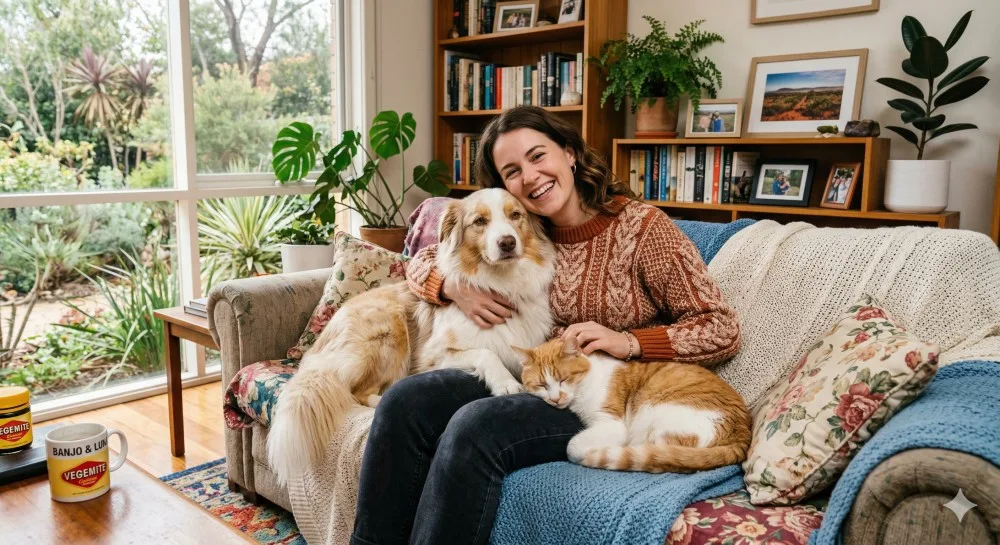 一位澳大利亚棕发女子正与她的狗和猫依偎在一起 - 手机端