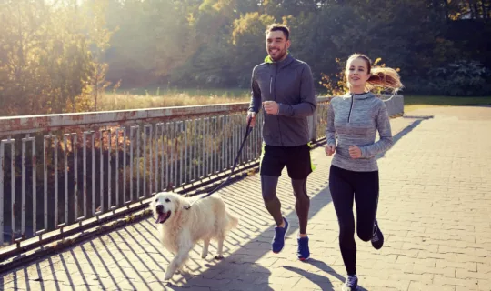 Couple running with their golden retriever