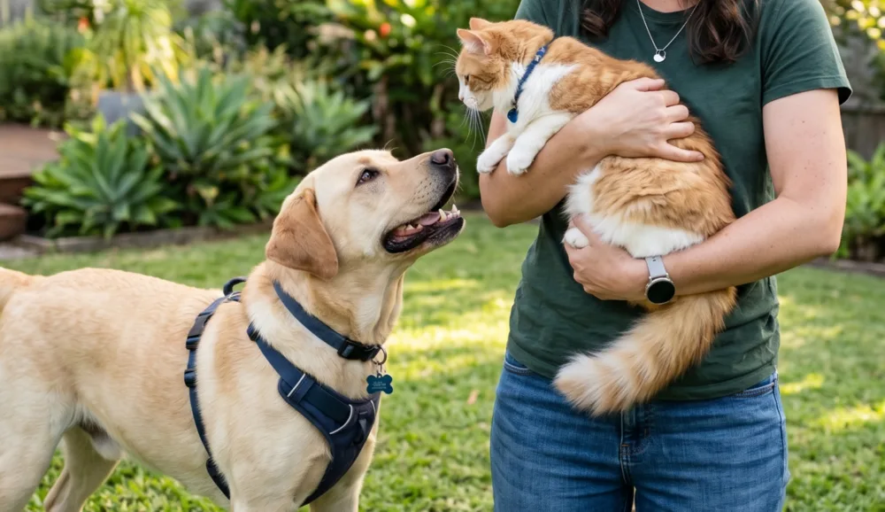 Australian woman showing her cat to her labrador