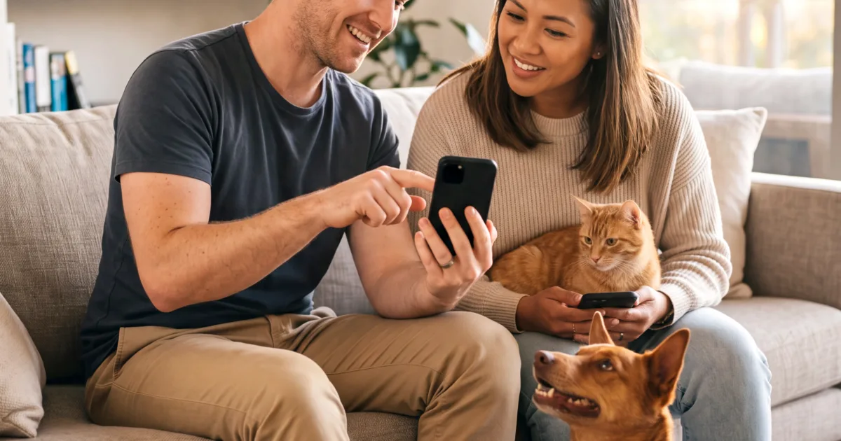 a couple spending time with their dog