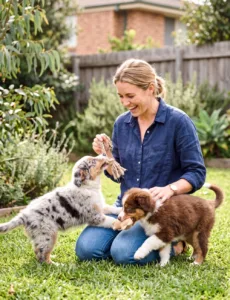 一位女性宠物主人正在和她的幼犬们玩耍